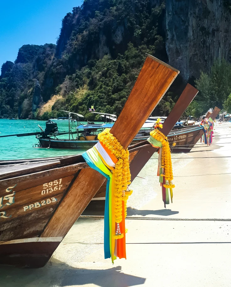 This image depicts wooden boats lined up on a white sandy beach with turquoise blue water and large mountains in the background.