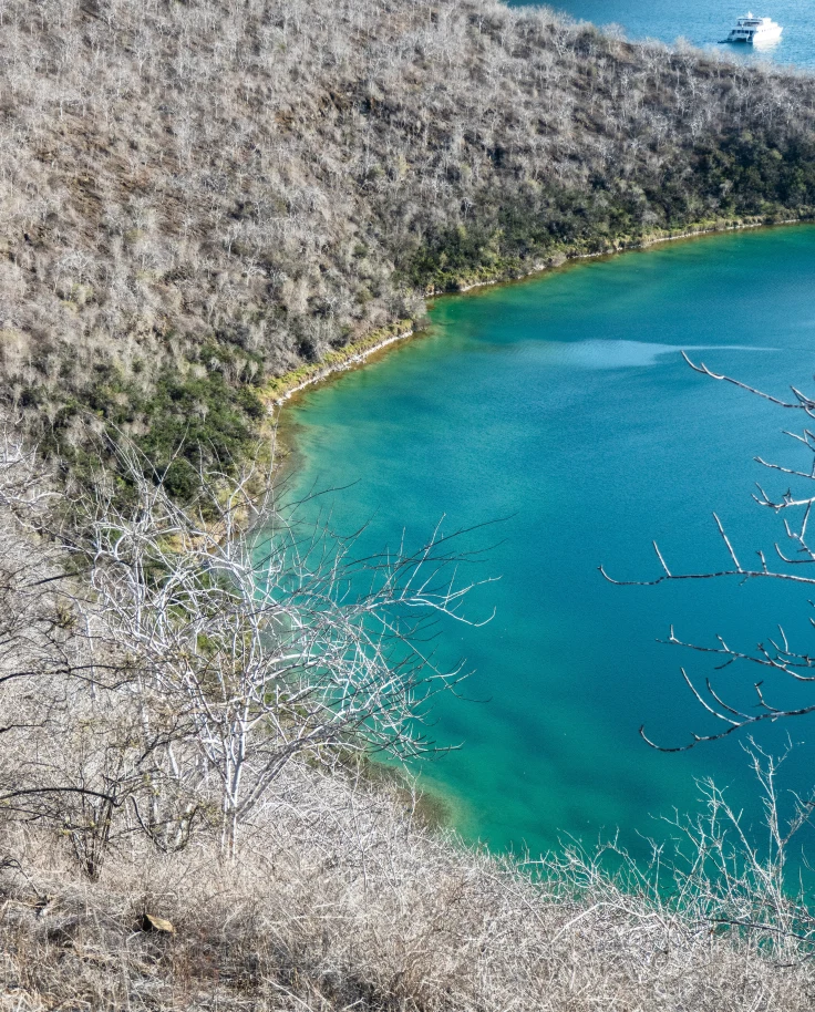 View of blue waters meeting the land in the Galapagos Islands