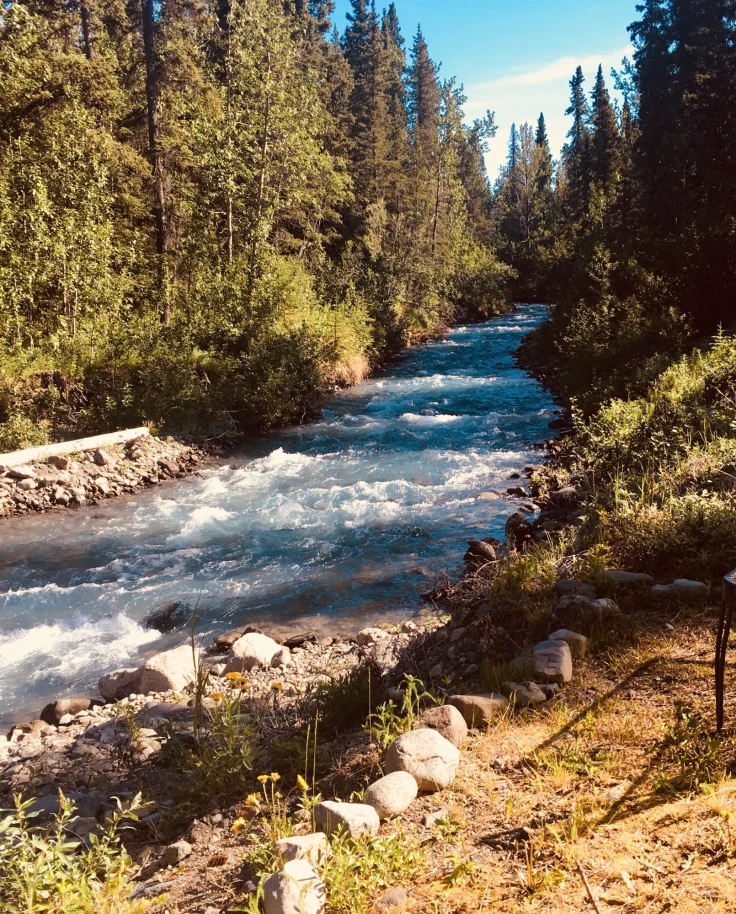 A flowing river with a chair at its bank.