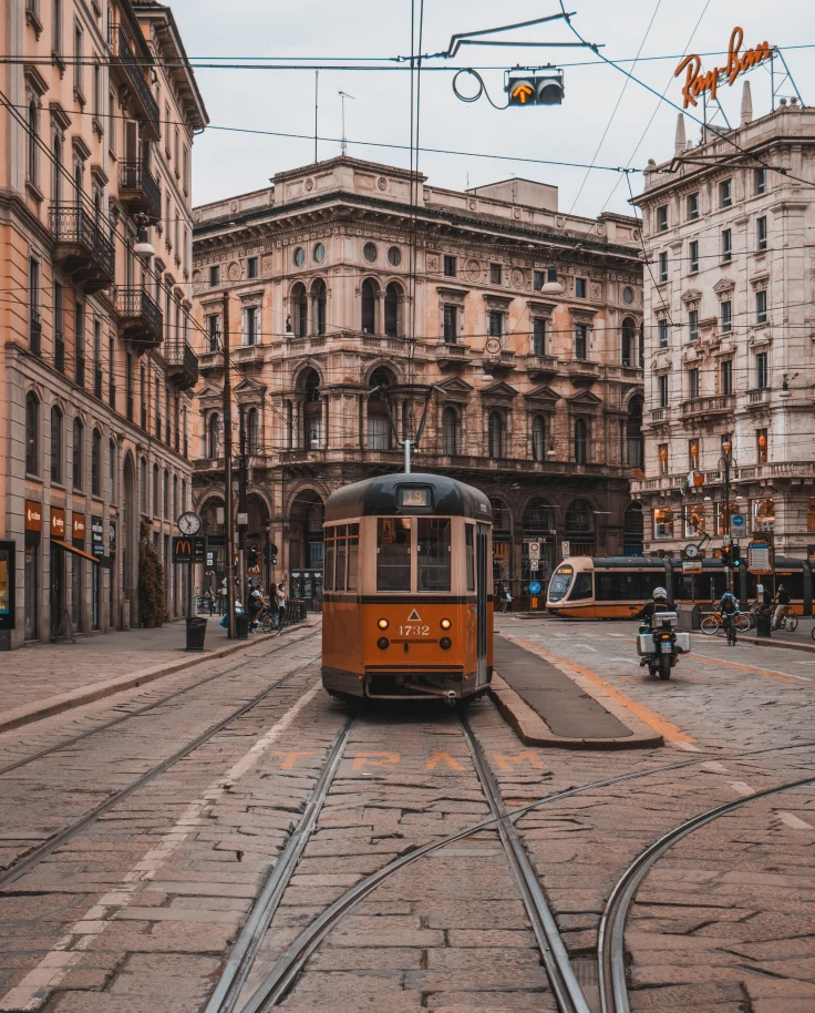 A tram on the old streets of Milan.