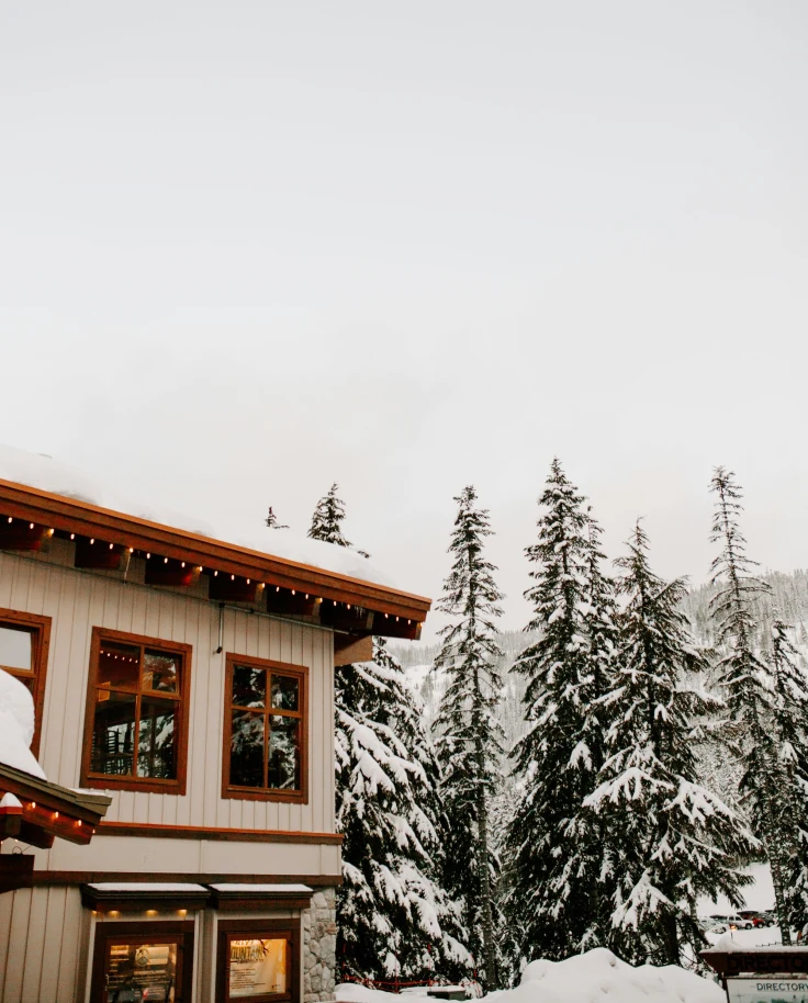 A ski lodge covered in snow with snowy pine trees to the right of it.