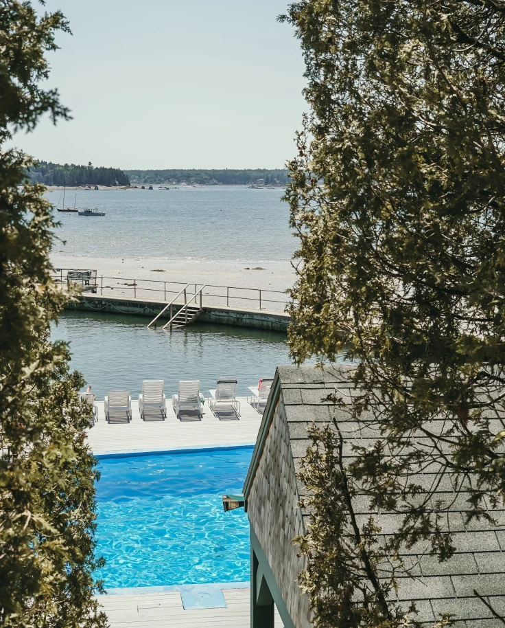 A pool and ocean view in Bar Harbor.