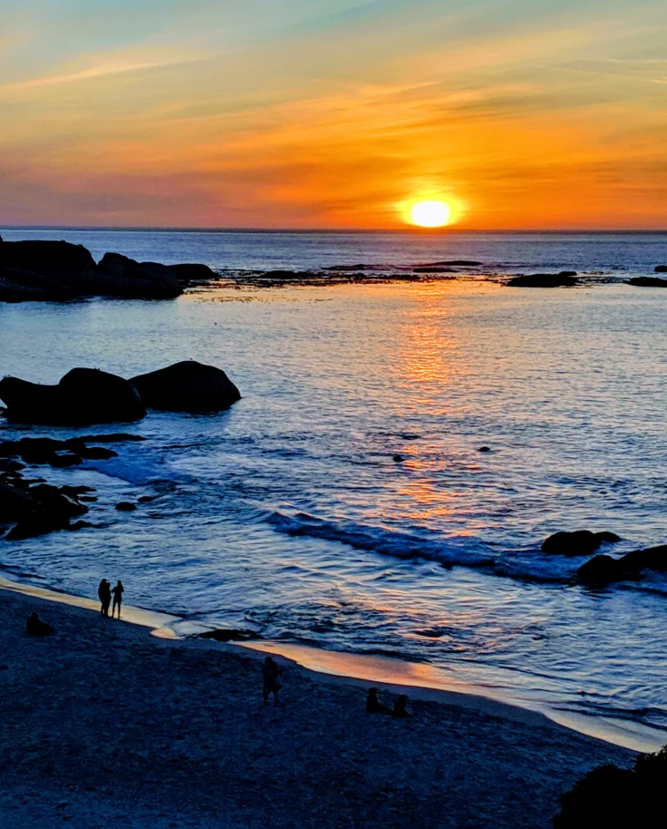 A picture of a beach during a sunset.