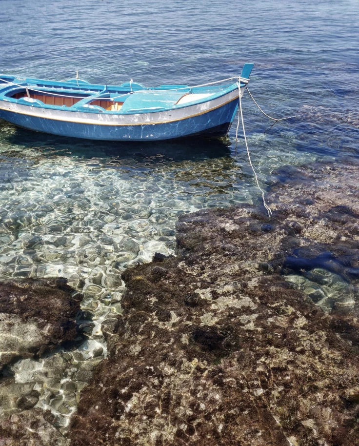 a blue row boat is tied to the shallow rocks in clear blue water