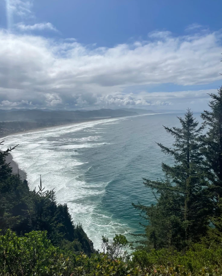 Sunlight filters through clouds, highlighting the ocean and forested cliffs in a scenic coastal landscape.