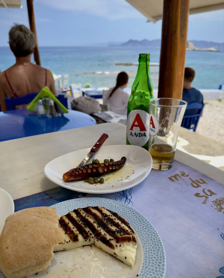 Food on table at a beach.