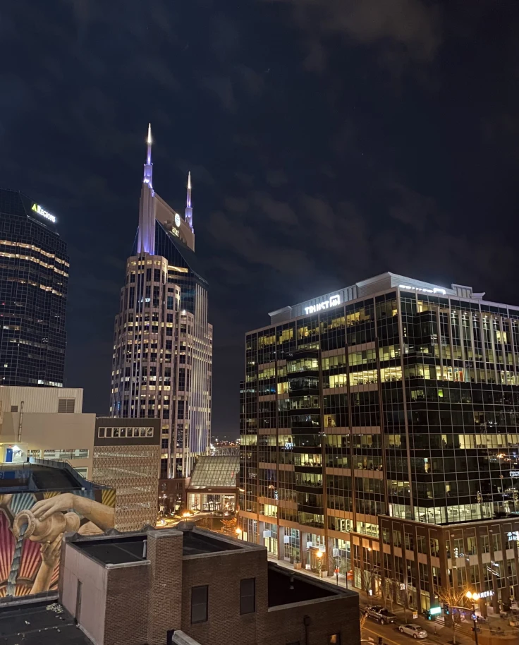 An aerial view of the city during nighttime.