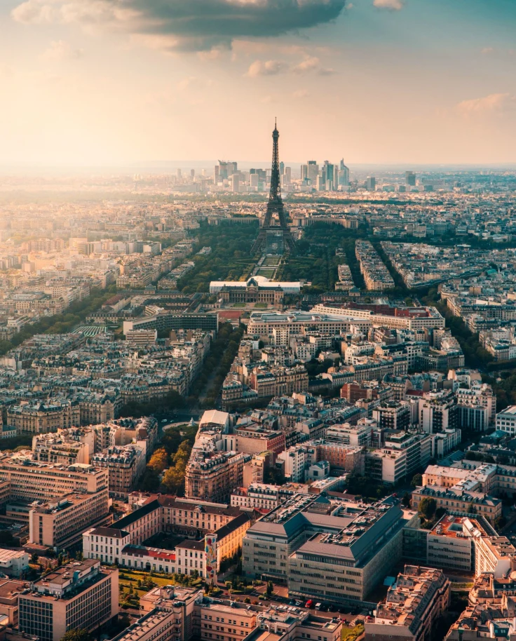 An aerial view of a city with a view of the Eiffel Tower.