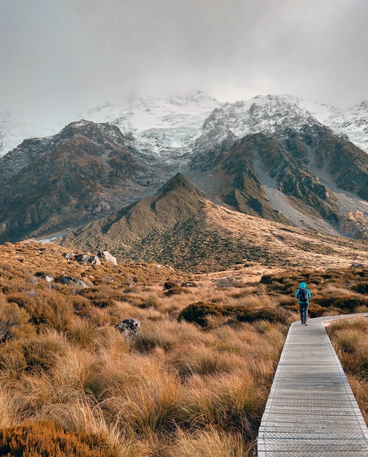 Person walking on wood path next to valley and snow-covered mountains