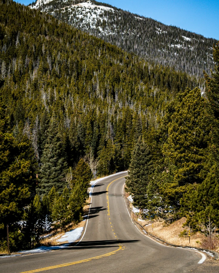 A winding road with mountains in the distance