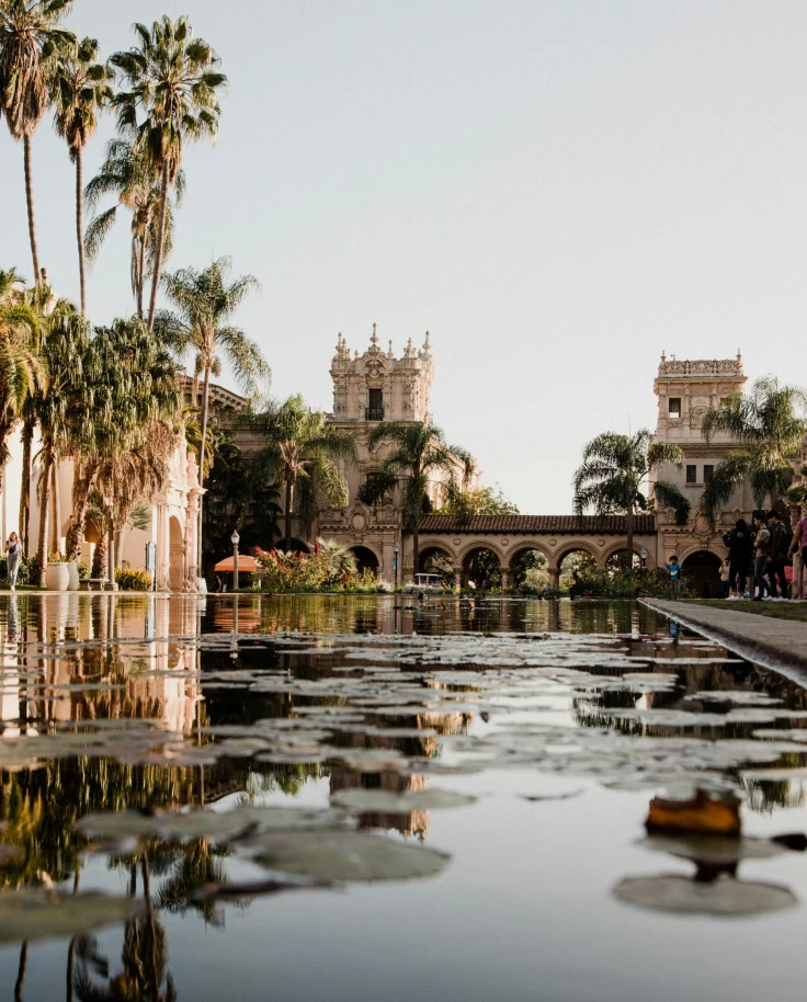 A body of water before an ancient building with palm trees at the sides