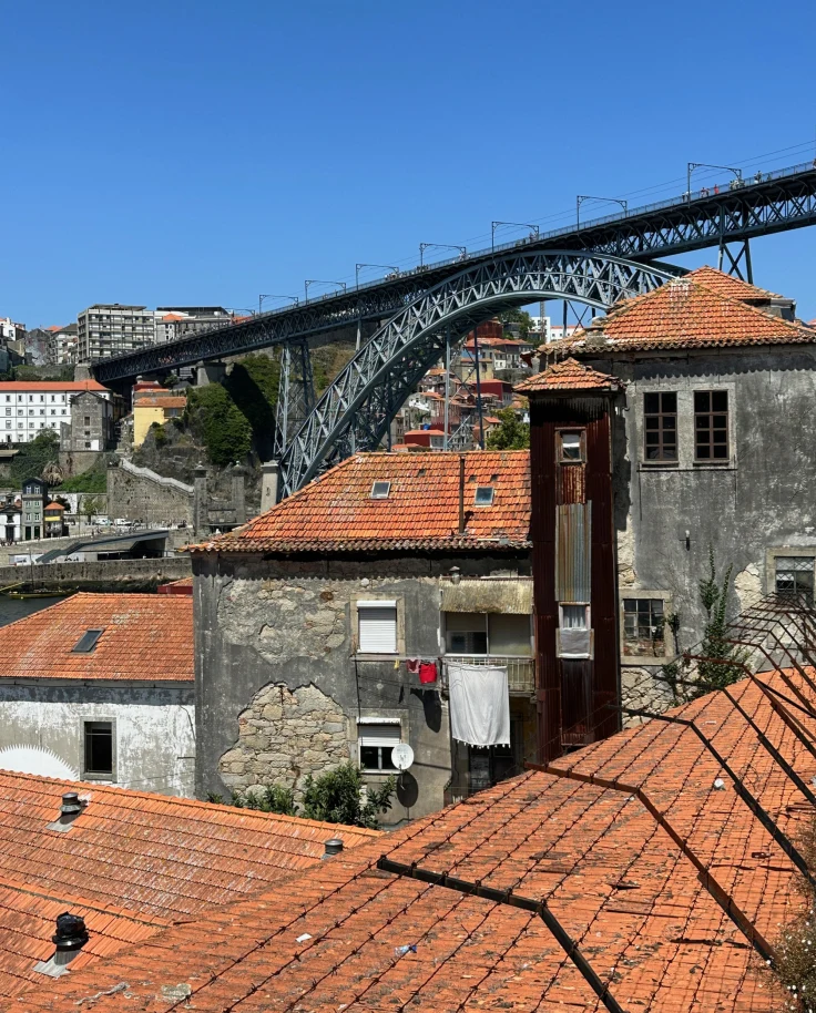 Buildings with orange roofs and bridge at the back during daytime.