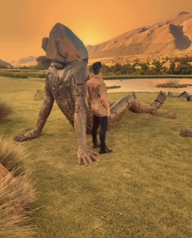 Man standing with a statue. under an orange sky