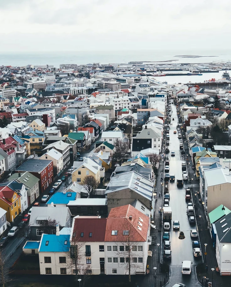 Aerial view of city buildings.