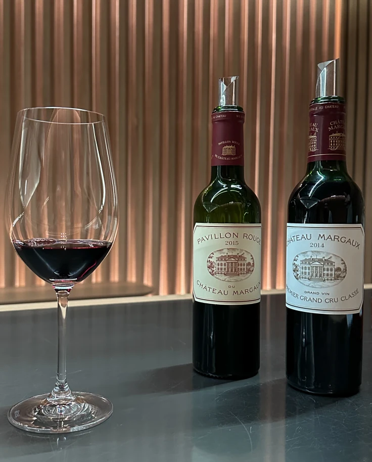 Wine glasses with two bottles of red wine on a sunny day
