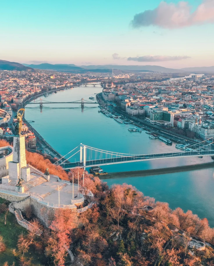 Aerial view of Budapest along the banks of the Danube River.