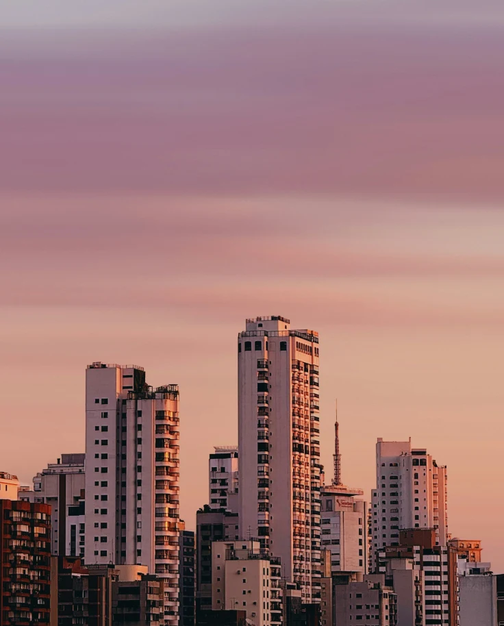 City buildings at sunset.