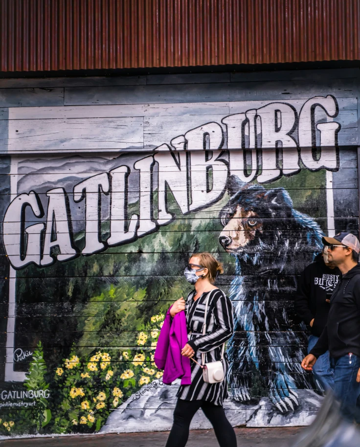 A picture of a woman walking in front of a painted wall.
