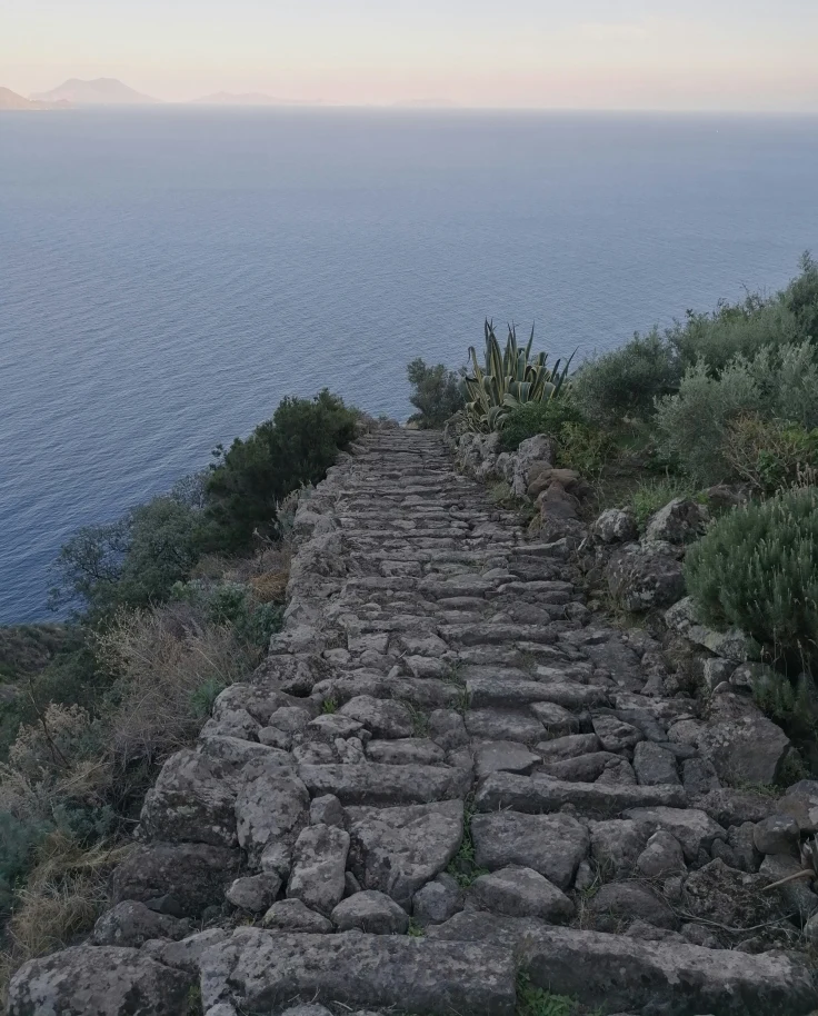 A stair case towards sea during daytime.