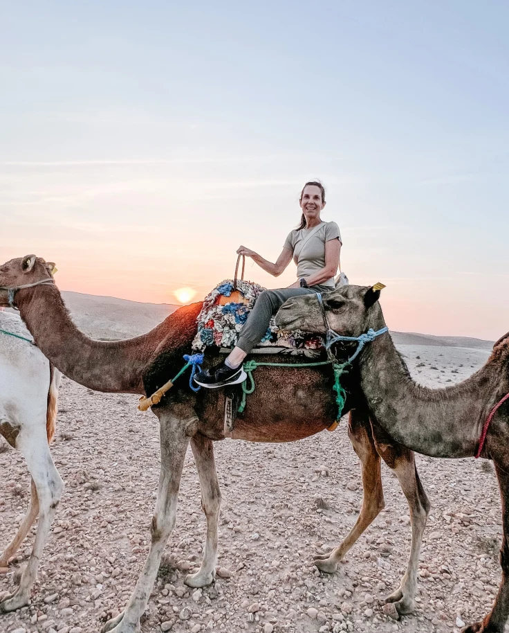 A lady sitting on a camel during sunset.