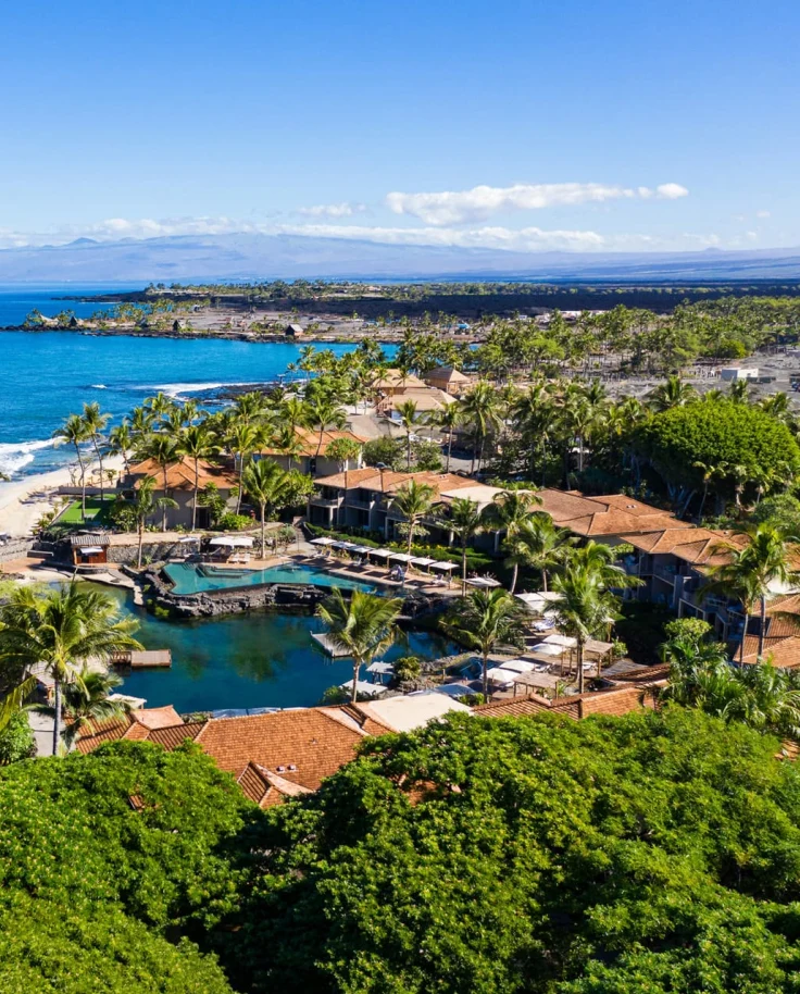 aerial view of buildings and the ocean
