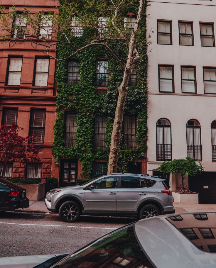 A brownstone building with ivy.