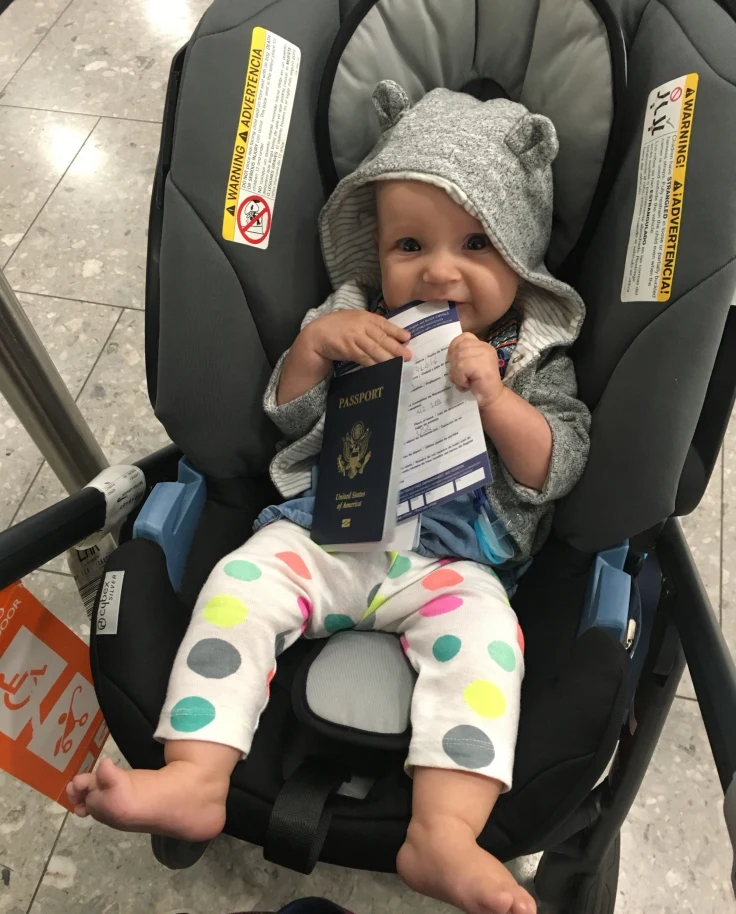 Baby with a passport in a stroller.