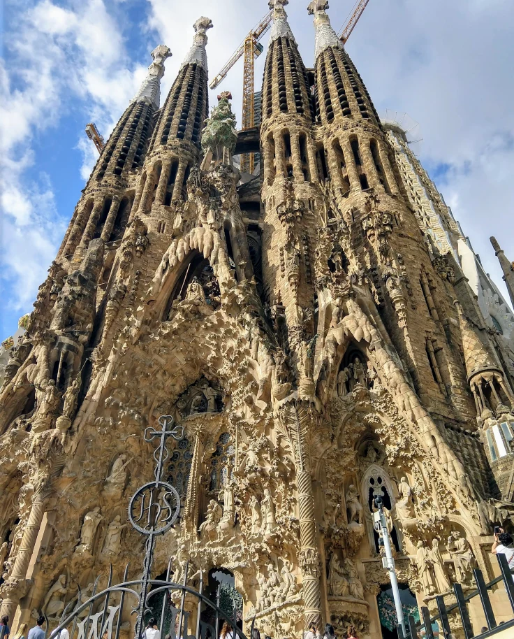 The close-up view of Sagrada Família shows its amazing architecture.