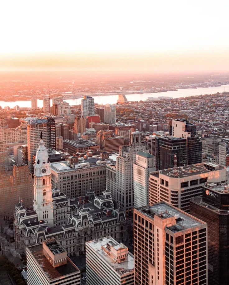 Skyline of downtown Philadelphia during sunset.