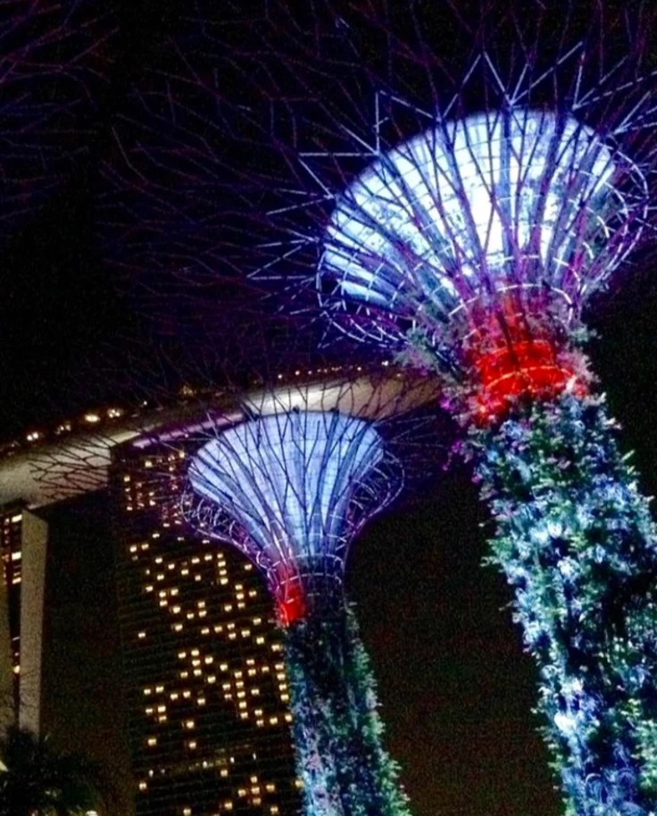Two blue lighted towers with buildings  during night time.