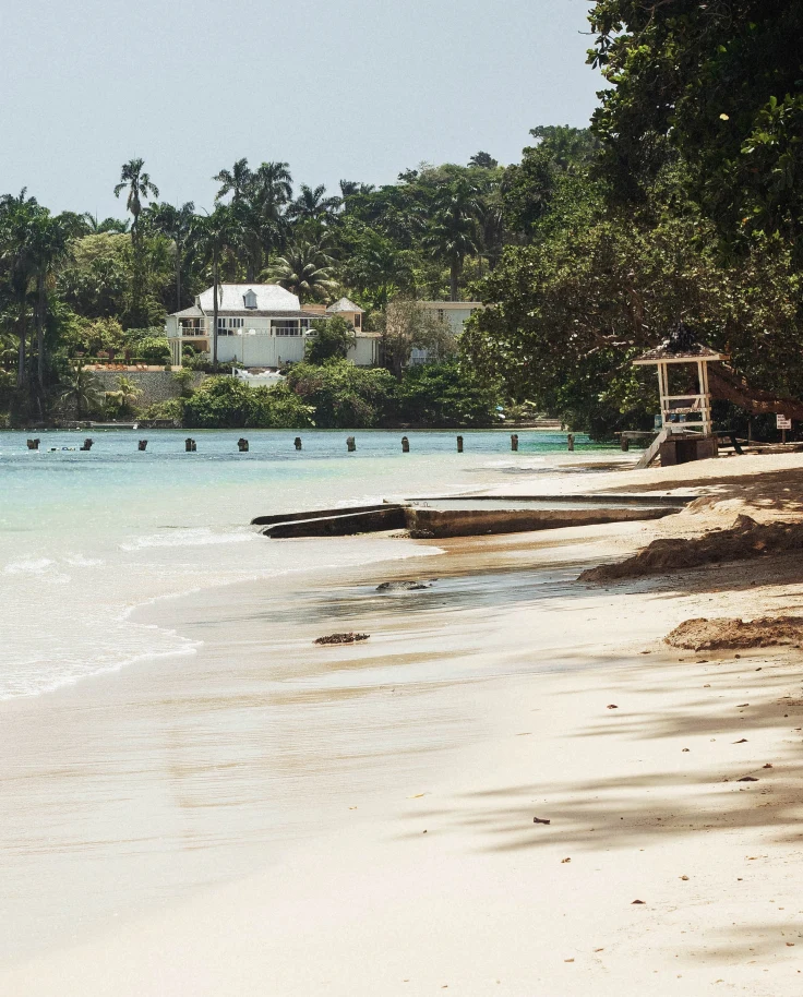 Jamaica island with tan sand and blue water green tall palm trees and a dock with a white house