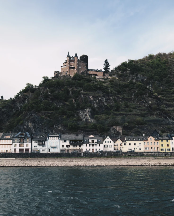 A river posted with houses and a mountain.