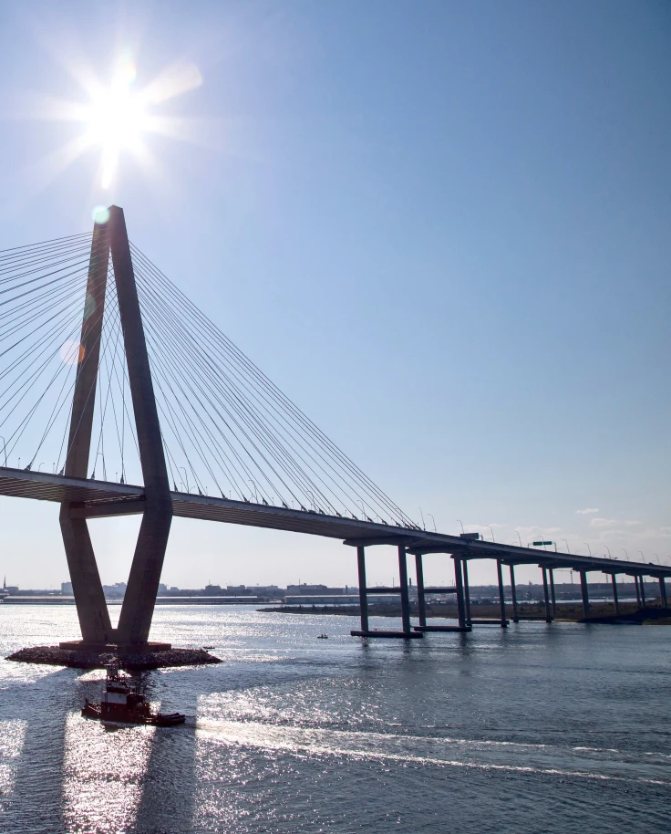A view of Charleston Harbor and the bridge leading you over the water.