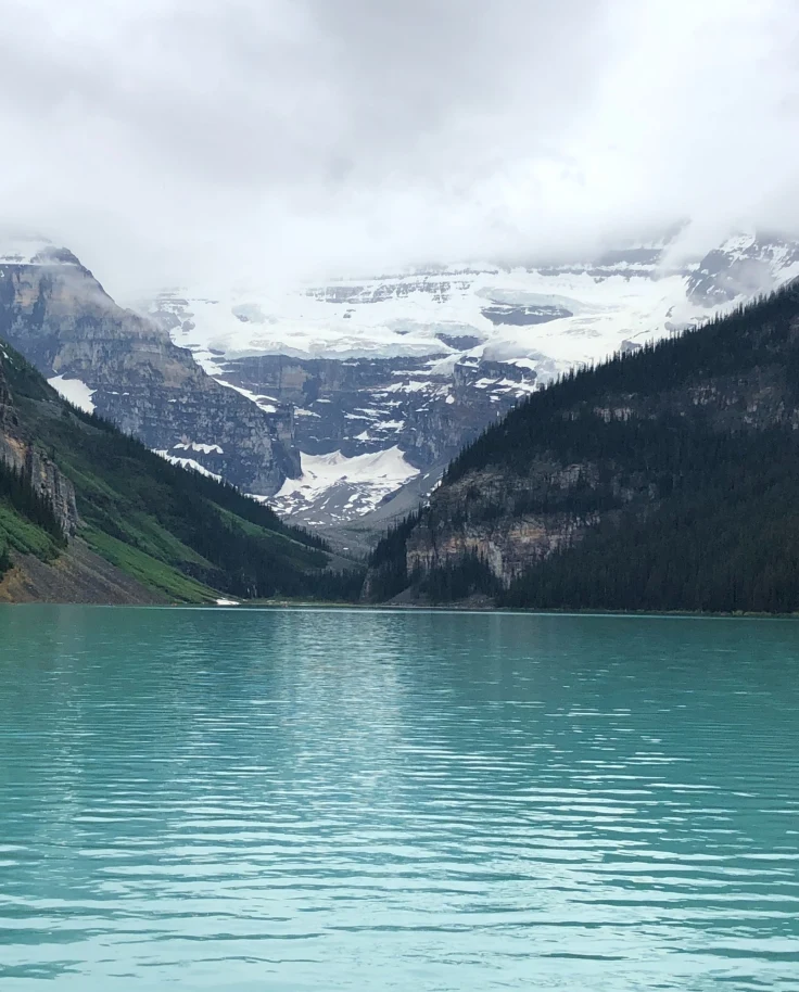 An aerial view of the Lake Louise during the daytime.