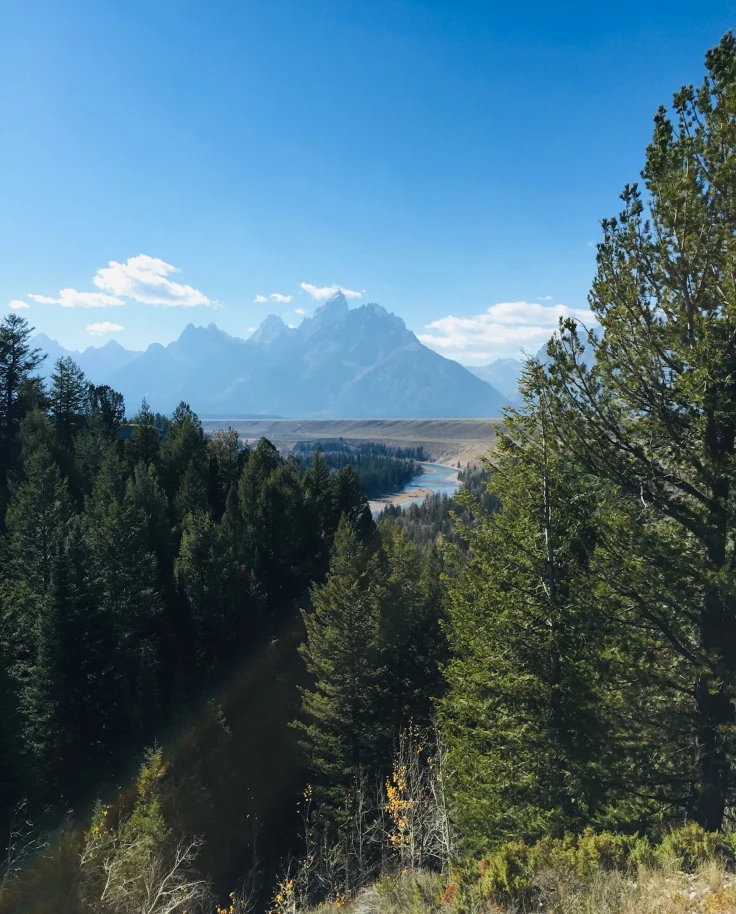A picturesque mountain range with a river and dense forests in the foreground.