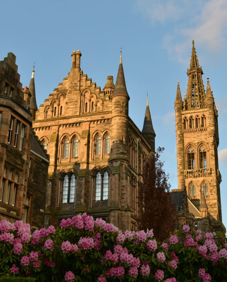 Castle behind pink roses.