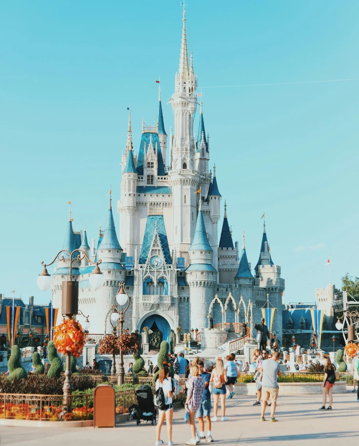 A picture of the Magic Kingdom at Disneyland with people walking around