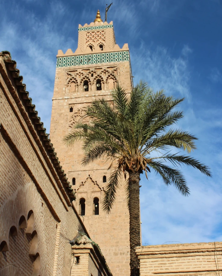 A view of a traditional Moroccan, stone building, with a palm tree in front of it on a sunny day.