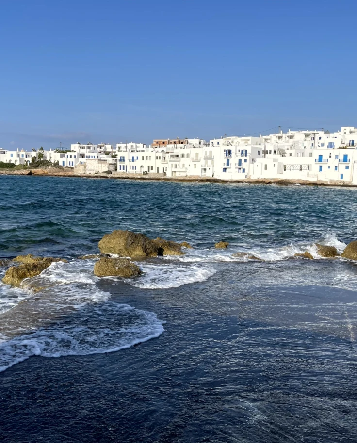 An aerial view of the sea surrounded by white colored houses.
