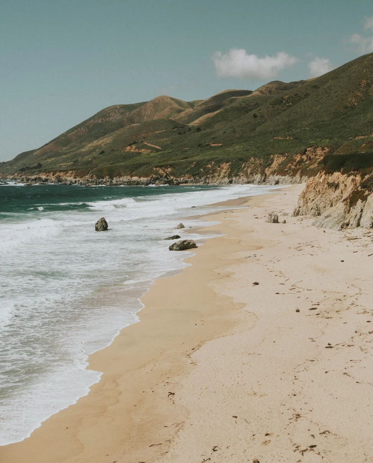green hill next to sandy beach and ocean during daytime