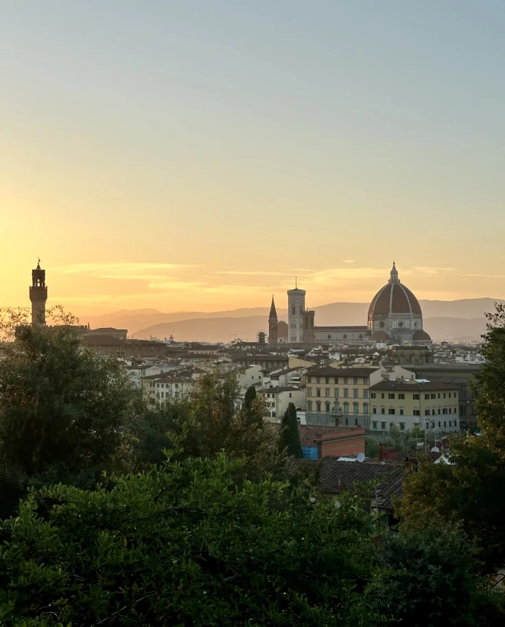 Skyline of city at sunset.