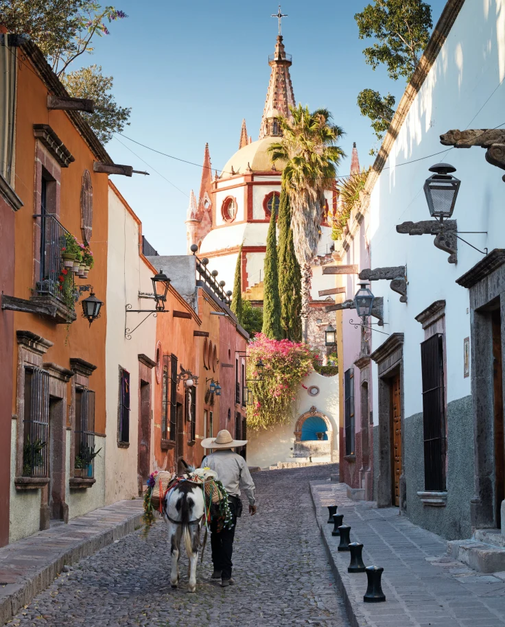 A man walking with his horse down a narrow street with a large dome shaped building ahead of him.