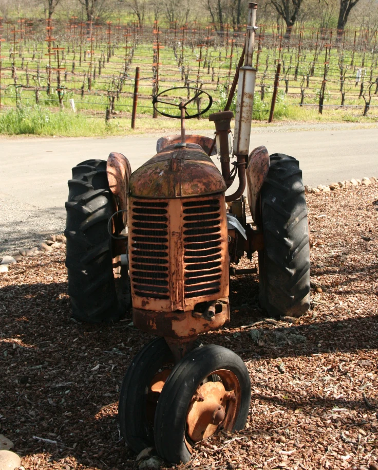 A tractor at a vineyard.