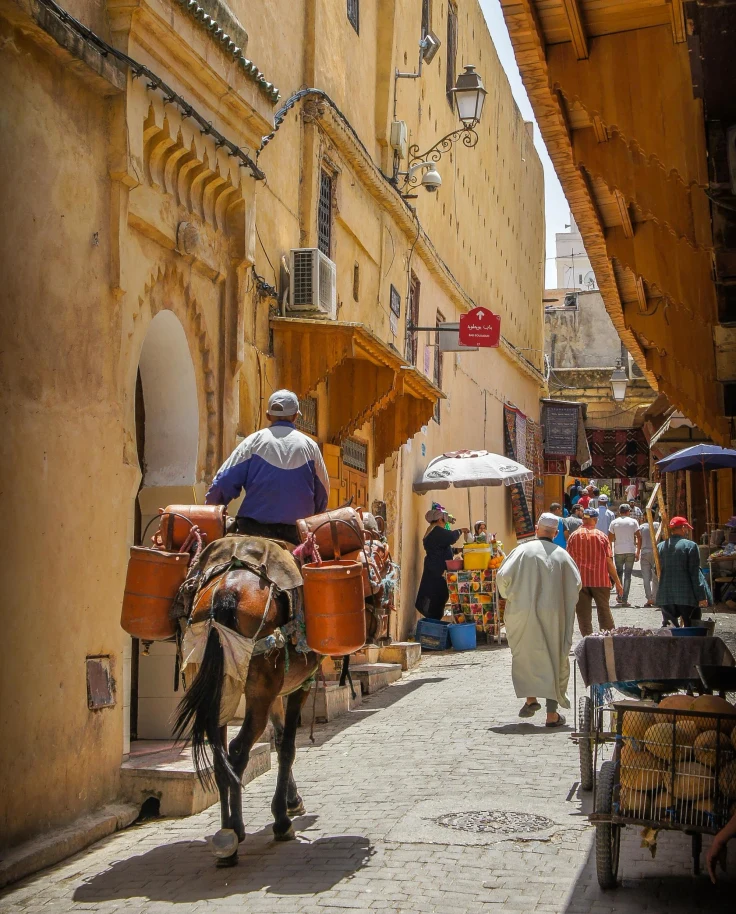 cobblestone street with yellow stone buildings, a man riding a camel holding various baskets into a bustling street market
