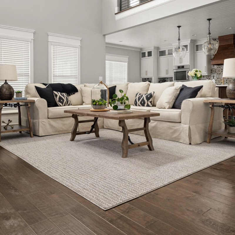 rug in living room with window treatments
