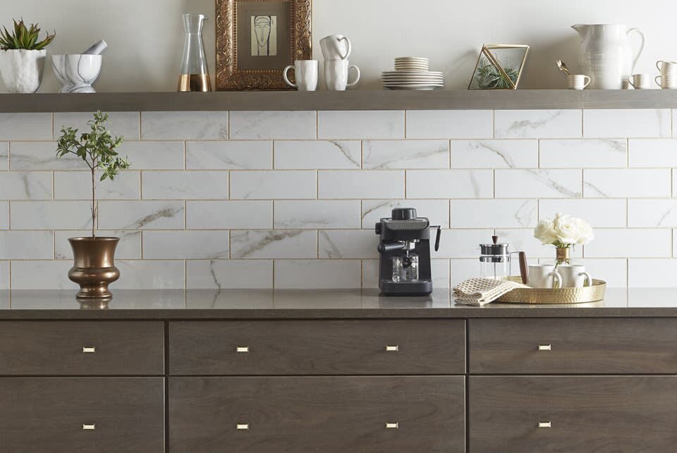 Marble subway tile backsplash in Charlotte, NC from LITTLE Wood Flooring & Cabinetry