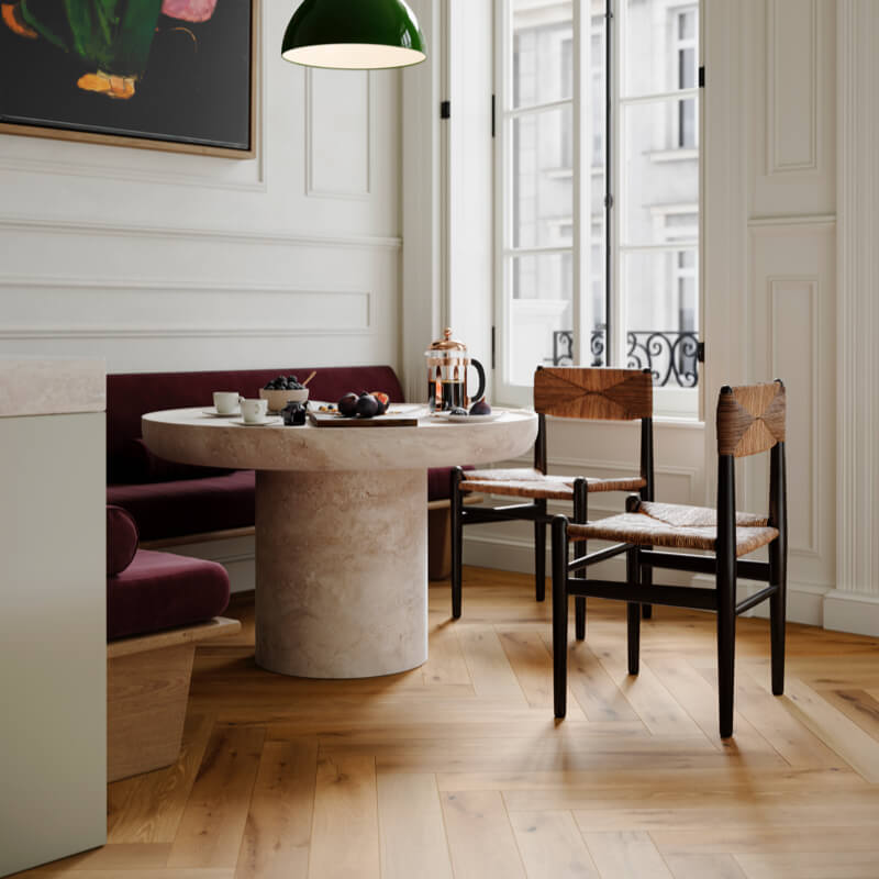 herringbone hardwood flooring in dining area