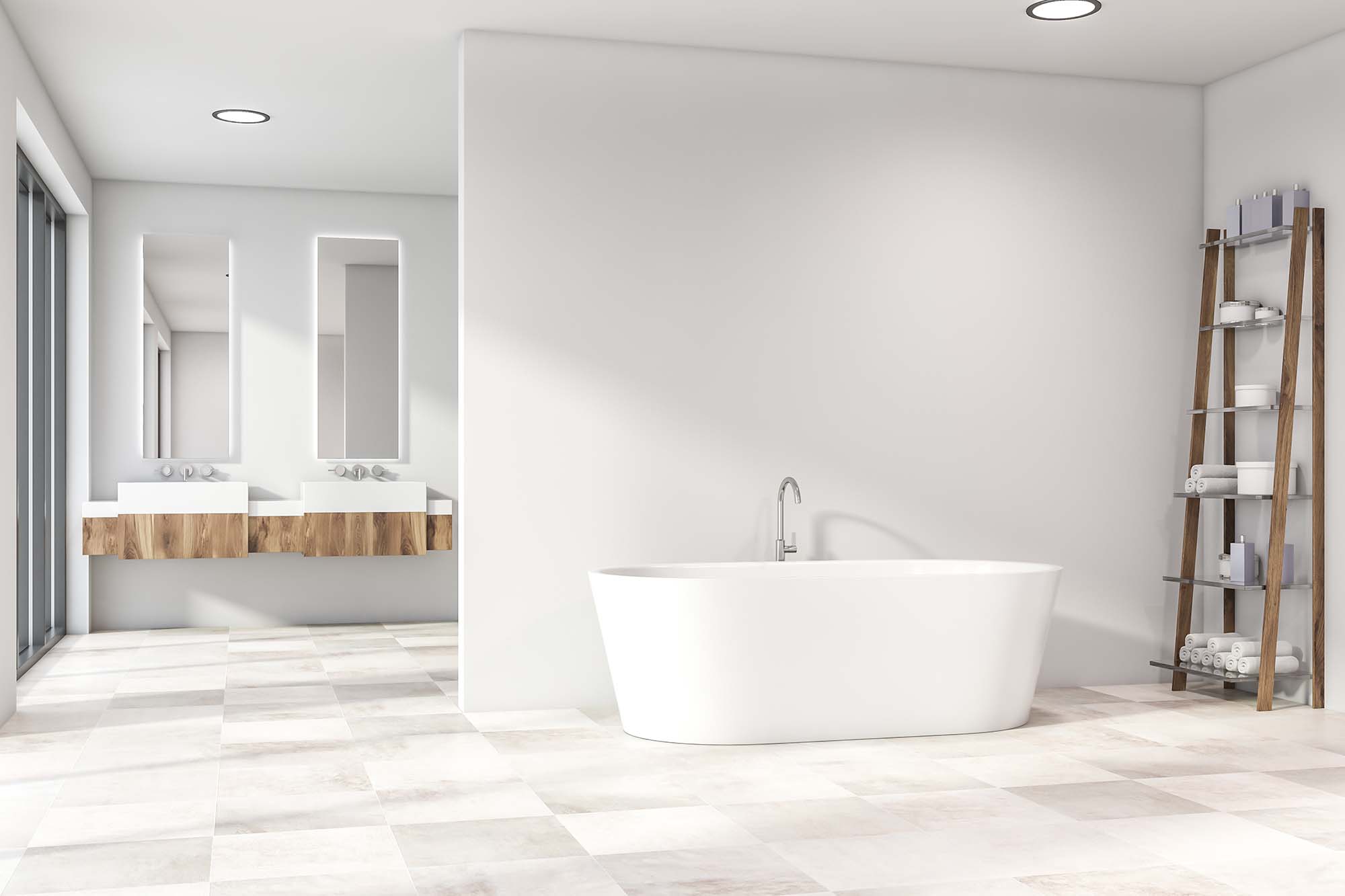 Luxury white and gray tile flooring in a spacious bathroom by Hadingers in Fort Myer, Flooring