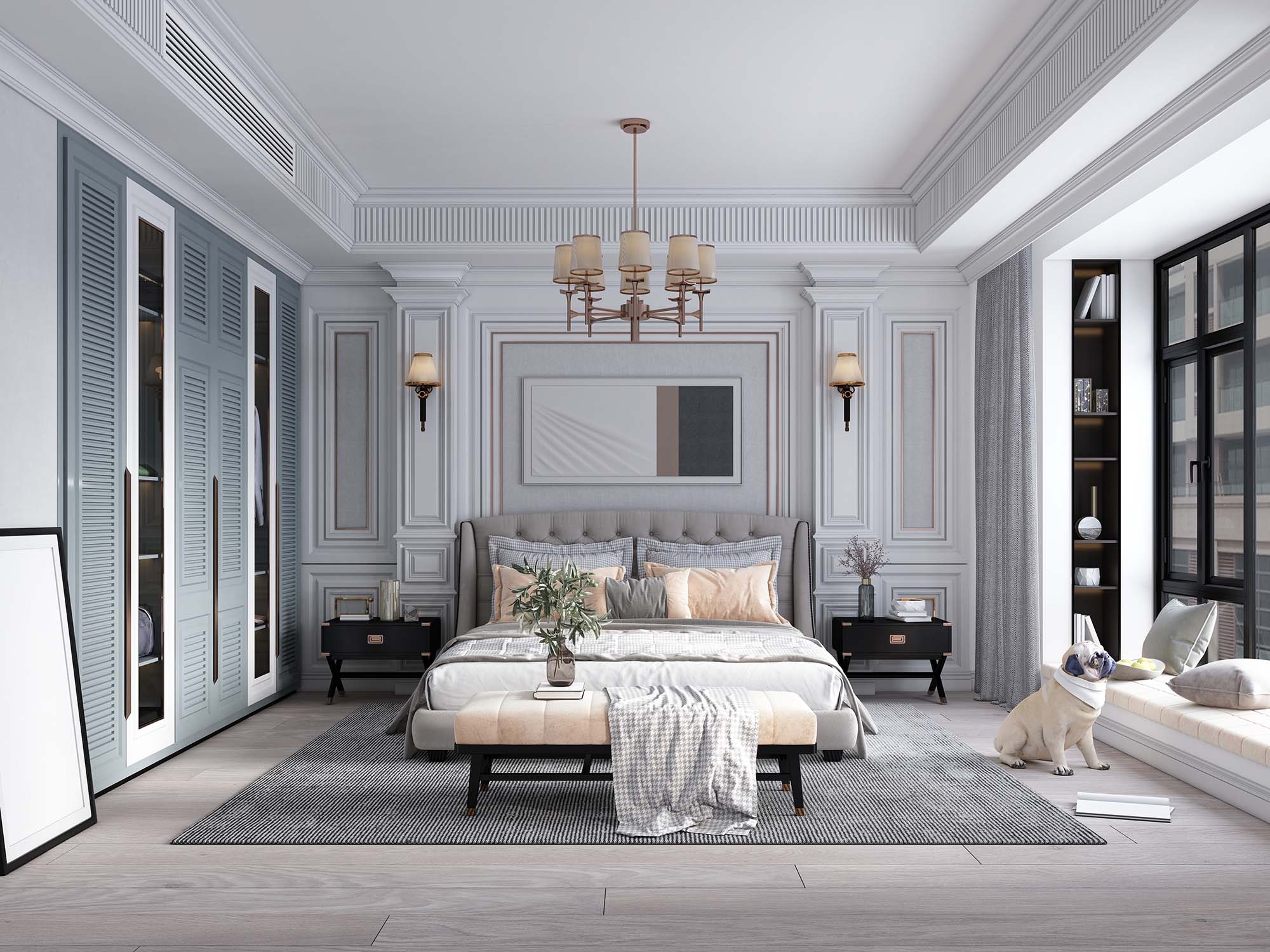 Laminate flooring in a large luxury bedroom with a dog by Hadingers in Fort Myers, Florida