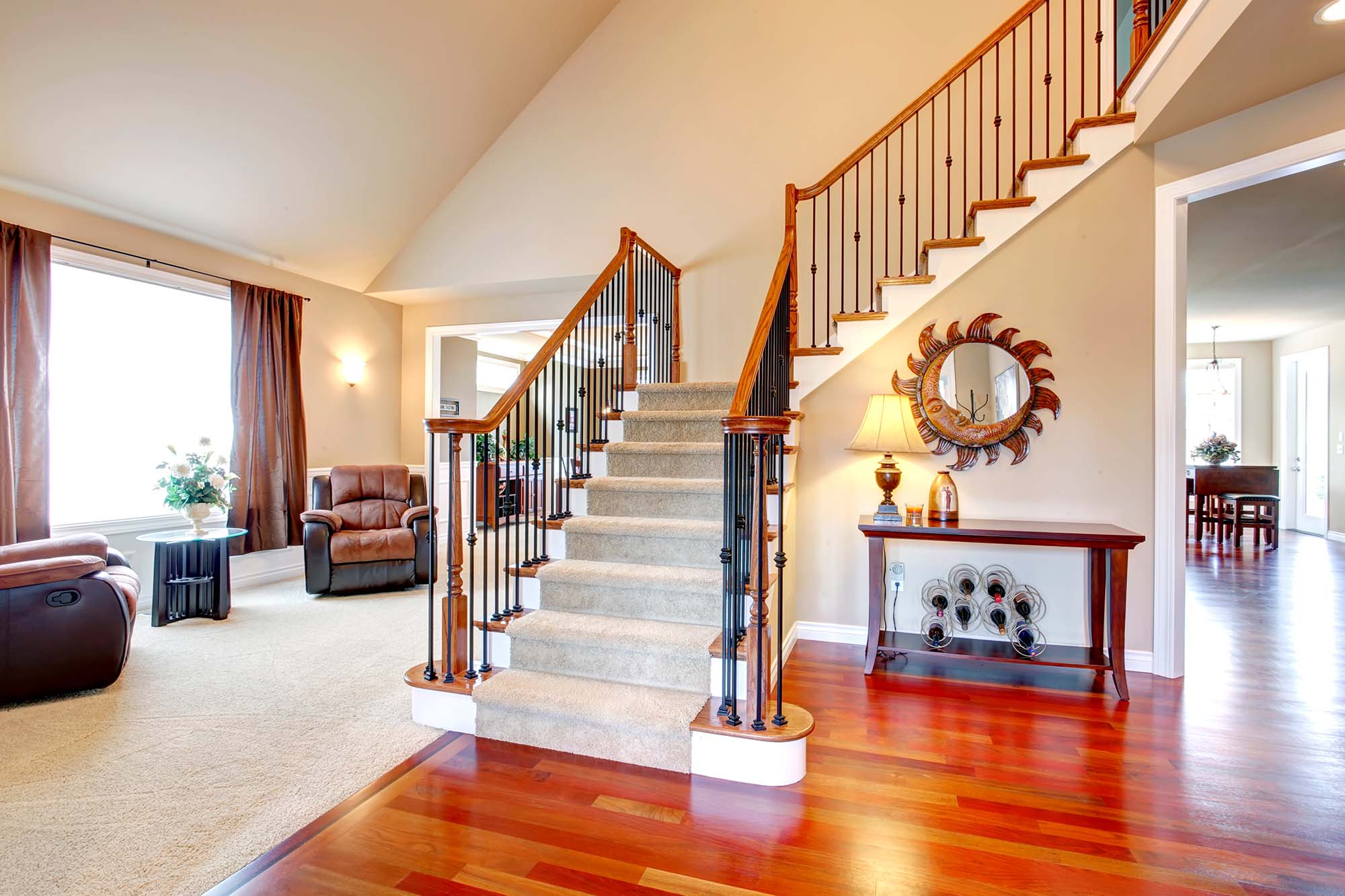 Stair runners in a living space of a home by AJ Rose Custom Stair runners in a luxury home by AJ Rose in Needham, Lynnfield, Natick, Burlington, MA